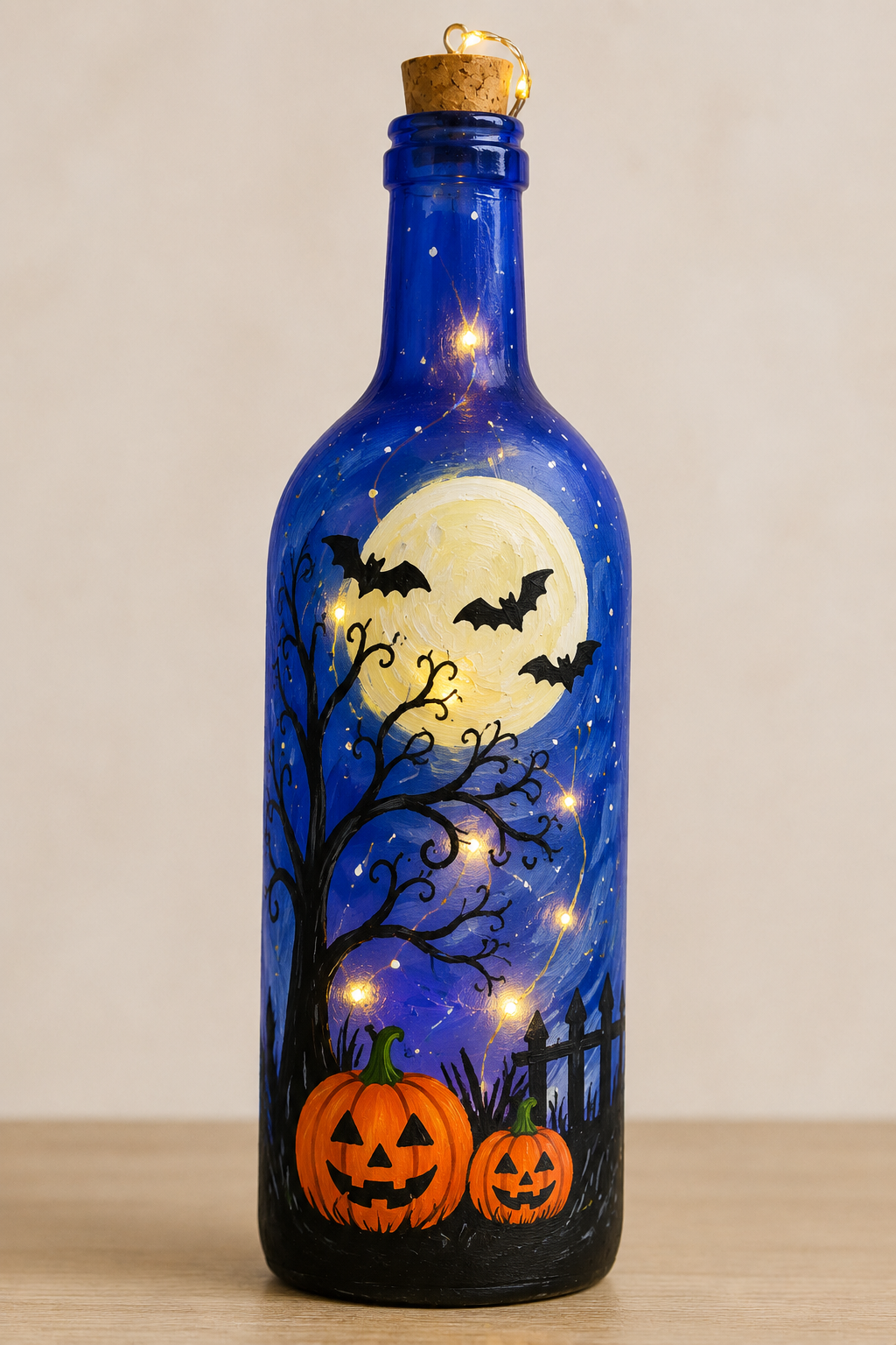 Midnight Halloween light-up blue bottle class with hand-painted moon, bats, tree and pumpkins
