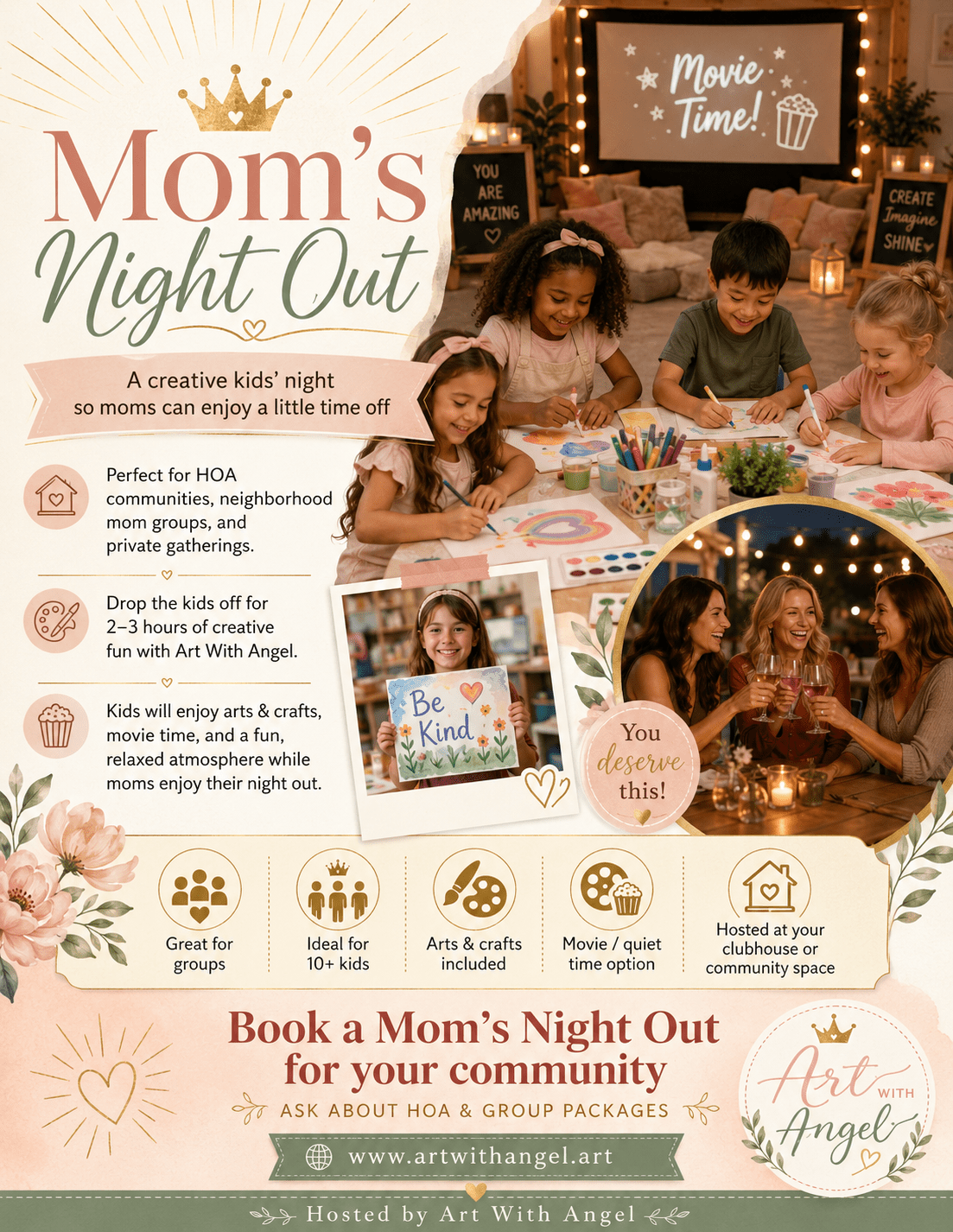 Mom’s Night Out hand drawn design by Art with angel