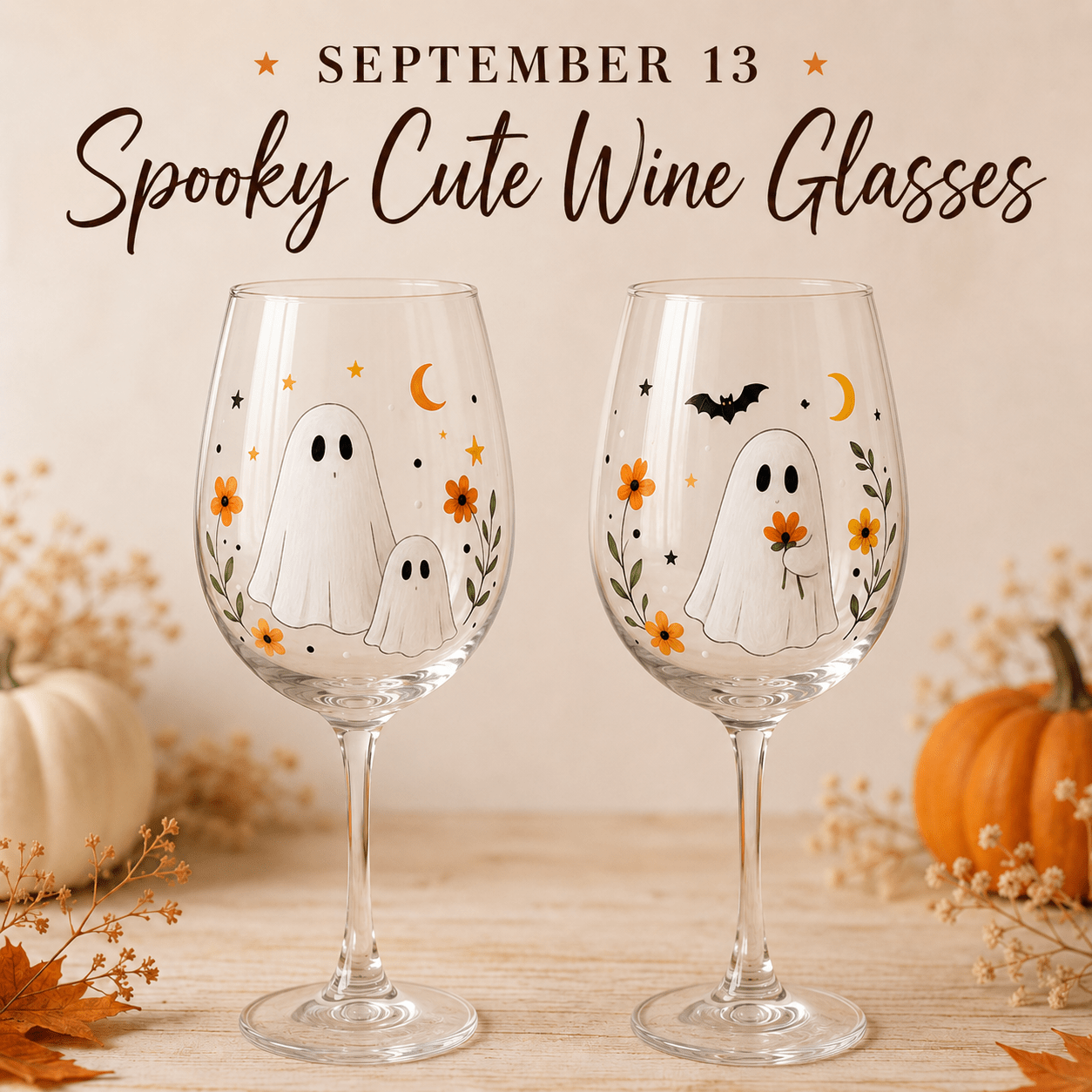 Spooky Cute Wine Glasses hand drawn design by Art with angel